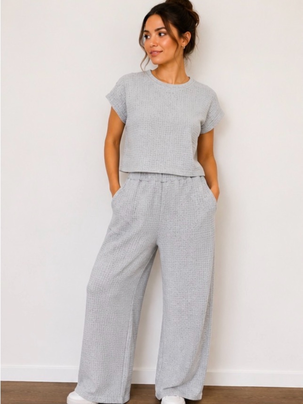 Boutique Gray Textured Lounge Set XL NWOT Waffle Knit Wide Leg Matching Set